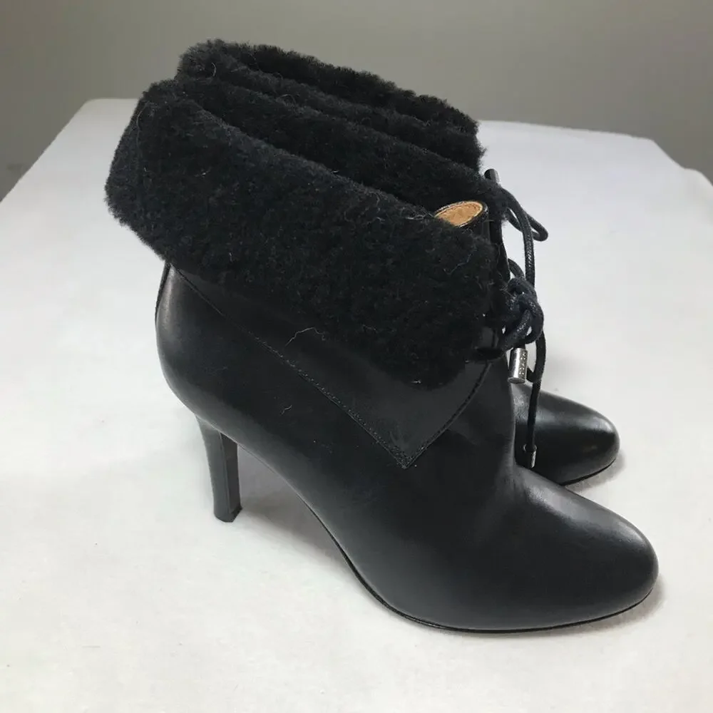 Coach black leather malia 7.5 cuff shearling tie up heels stiletto sexy lace up